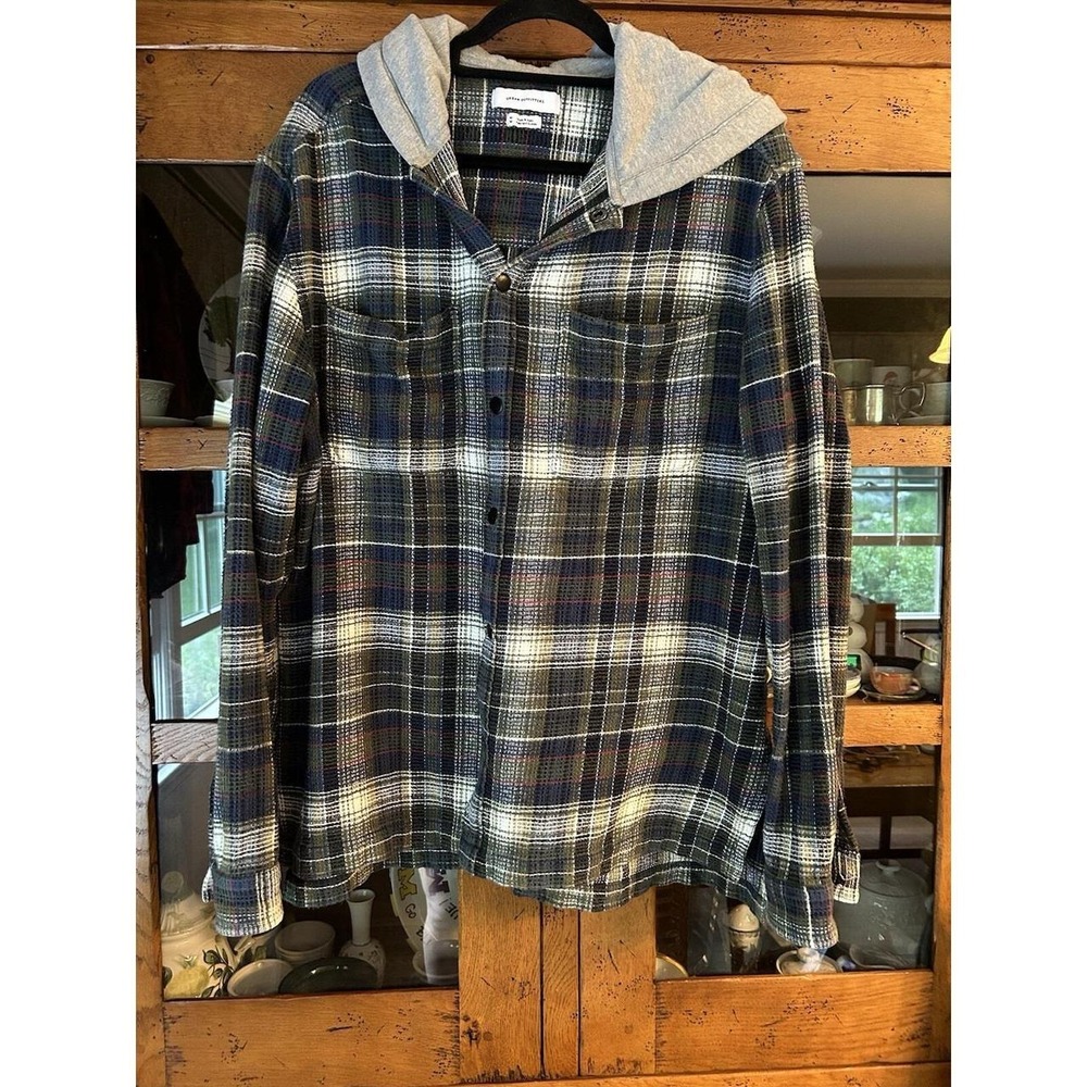 Urban Outfitters Thermal Hoodie Plaid Snap Up Jacket Green Blue OB1012462 Mens M